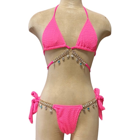 Hot Pink Bikini 2pc Swimsuit Gold Chain Charms Seersucker S Small - Picture 1 of 5